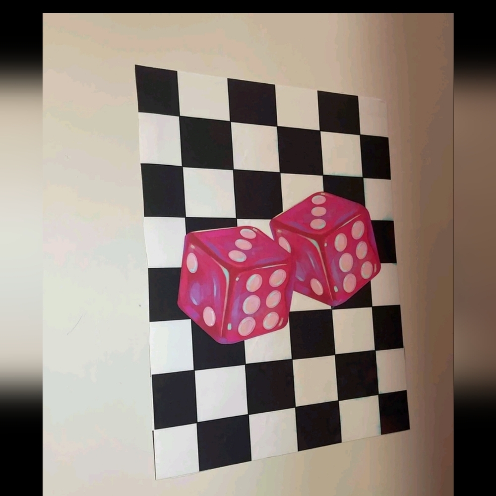 Pink Dice Wall Art on Checkered Background Poster Print 50 cm X 70 cm (No Frame)